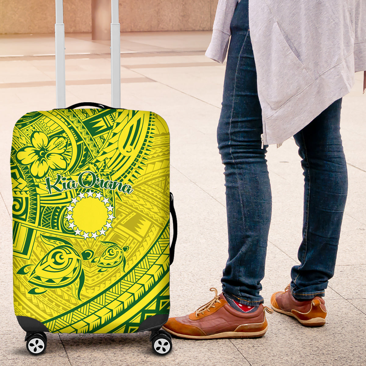 Kia Orana Cook Islands Luggage Cover Turtle Yellow Green Polynesian Pattern LT01 Green - Polynesian Pride