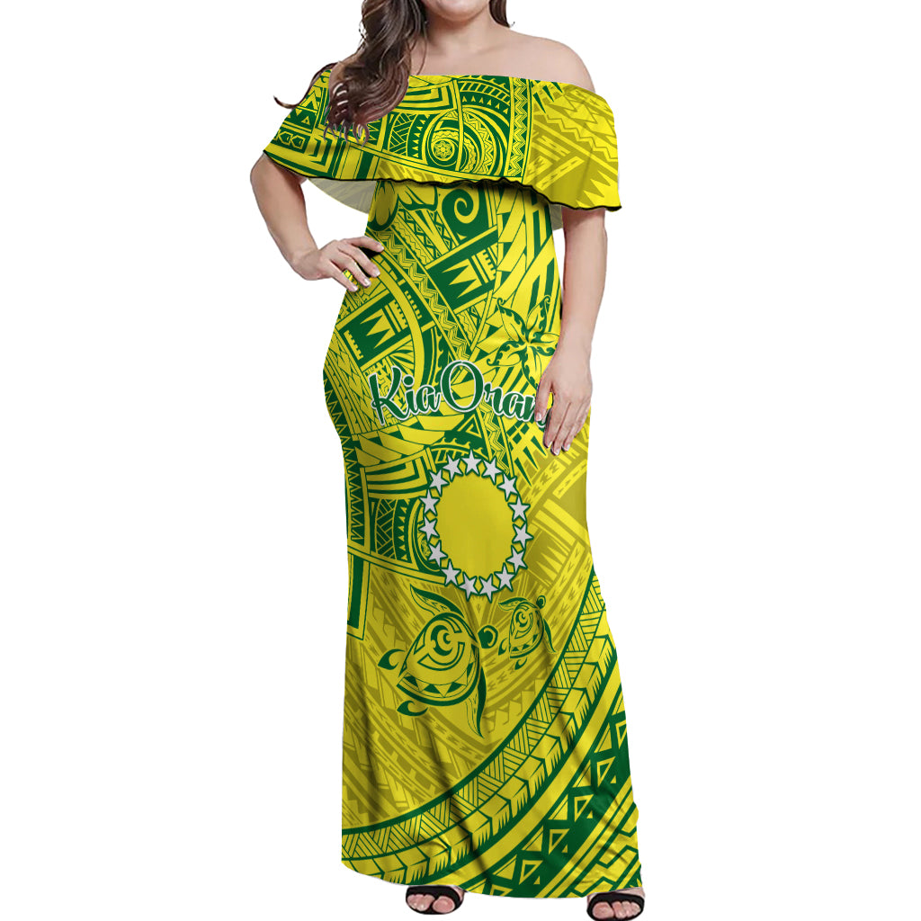 Kia Orana Cook Islands Off Shoulder Maxi Dress Turtle Yellow Green Polynesian Pattern LT01 Women Green - Polynesian Pride
