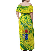 Kia Orana Cook Islands Off Shoulder Maxi Dress Turtle Yellow Green Polynesian Pattern LT01 - Polynesian Pride