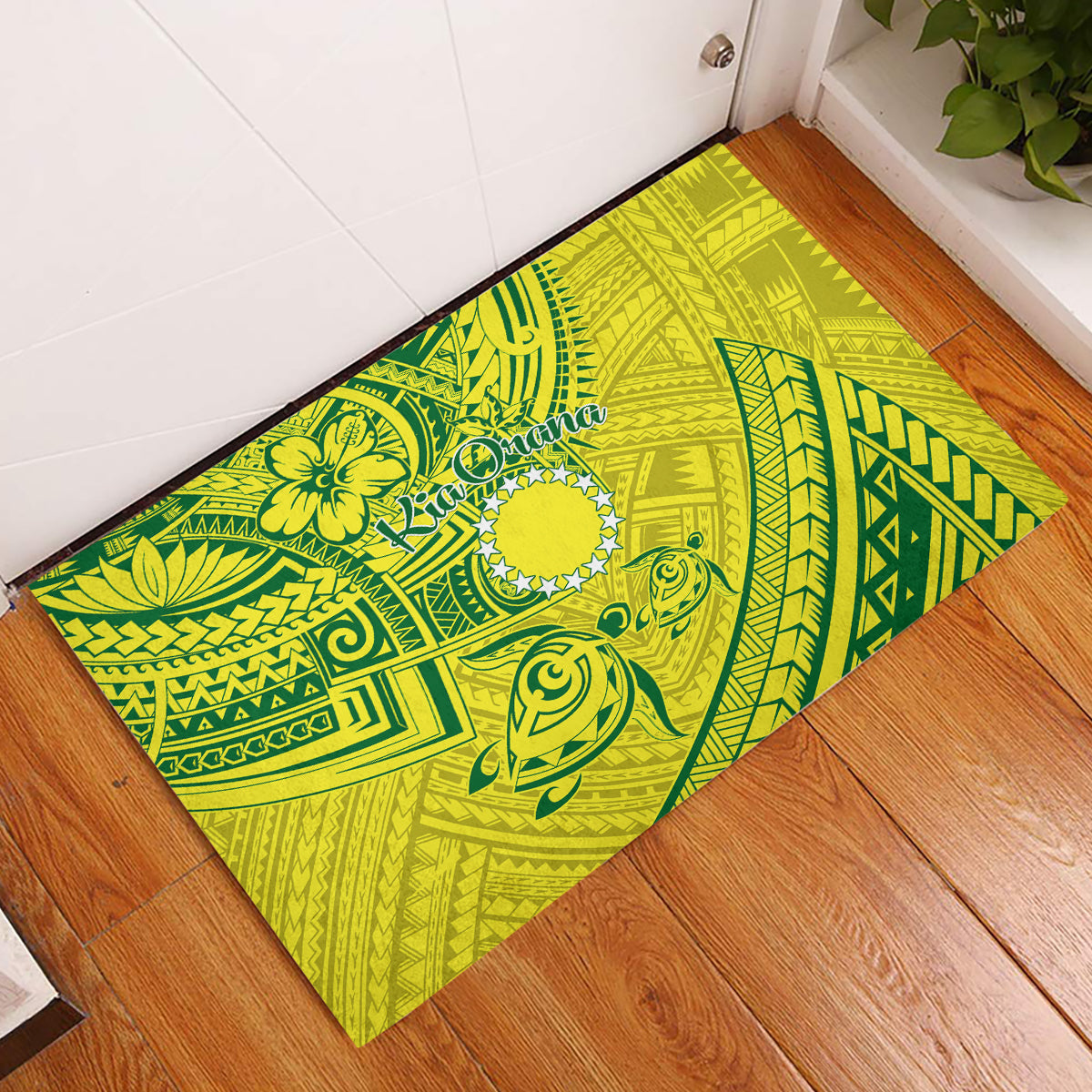 Kia Orana Cook Islands Rubber Doormat Turtle Yellow Green Polynesian Pattern LT01 Green - Polynesian Pride