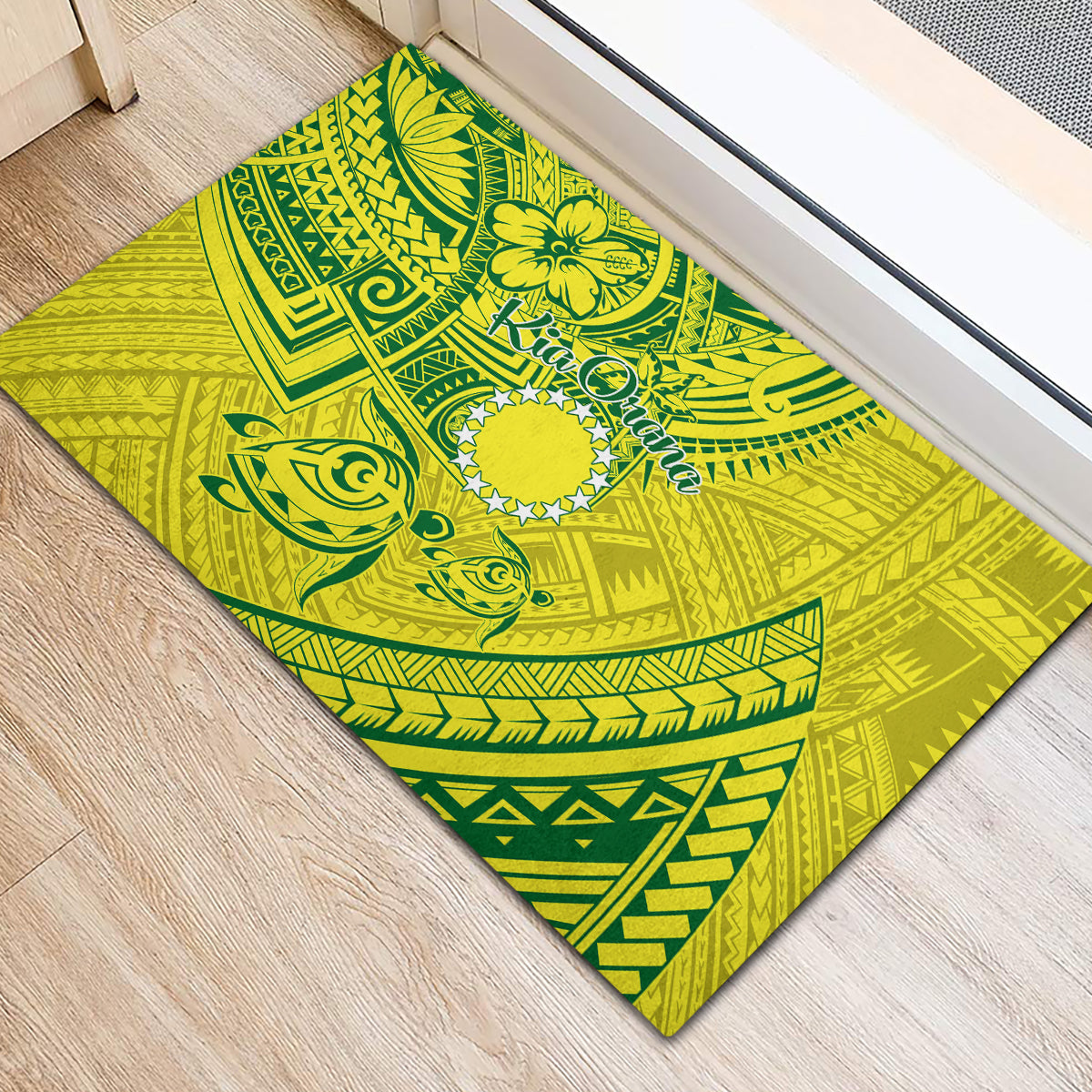 Kia Orana Cook Islands Rubber Doormat Turtle Yellow Green Polynesian Pattern LT01 - Polynesian Pride