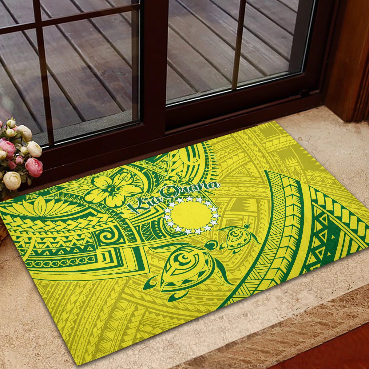 Kia Orana Cook Islands Rubber Doormat Turtle Yellow Green Polynesian Pattern LT01 - Polynesian Pride