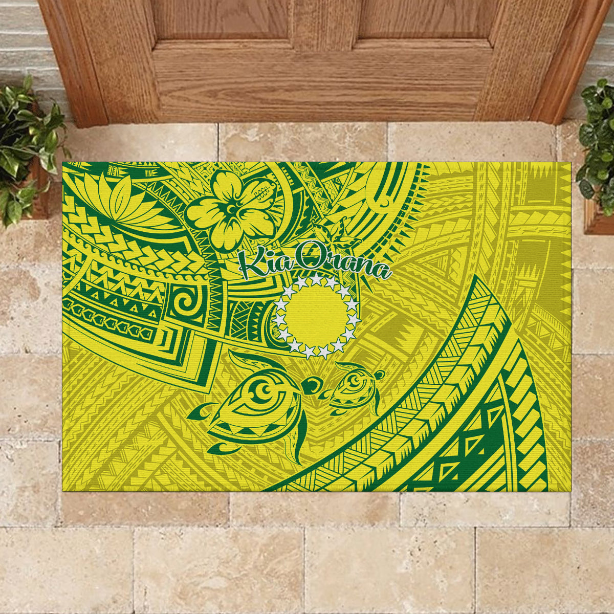 Kia Orana Cook Islands Rubber Doormat Turtle Yellow Green Polynesian Pattern LT01 - Polynesian Pride