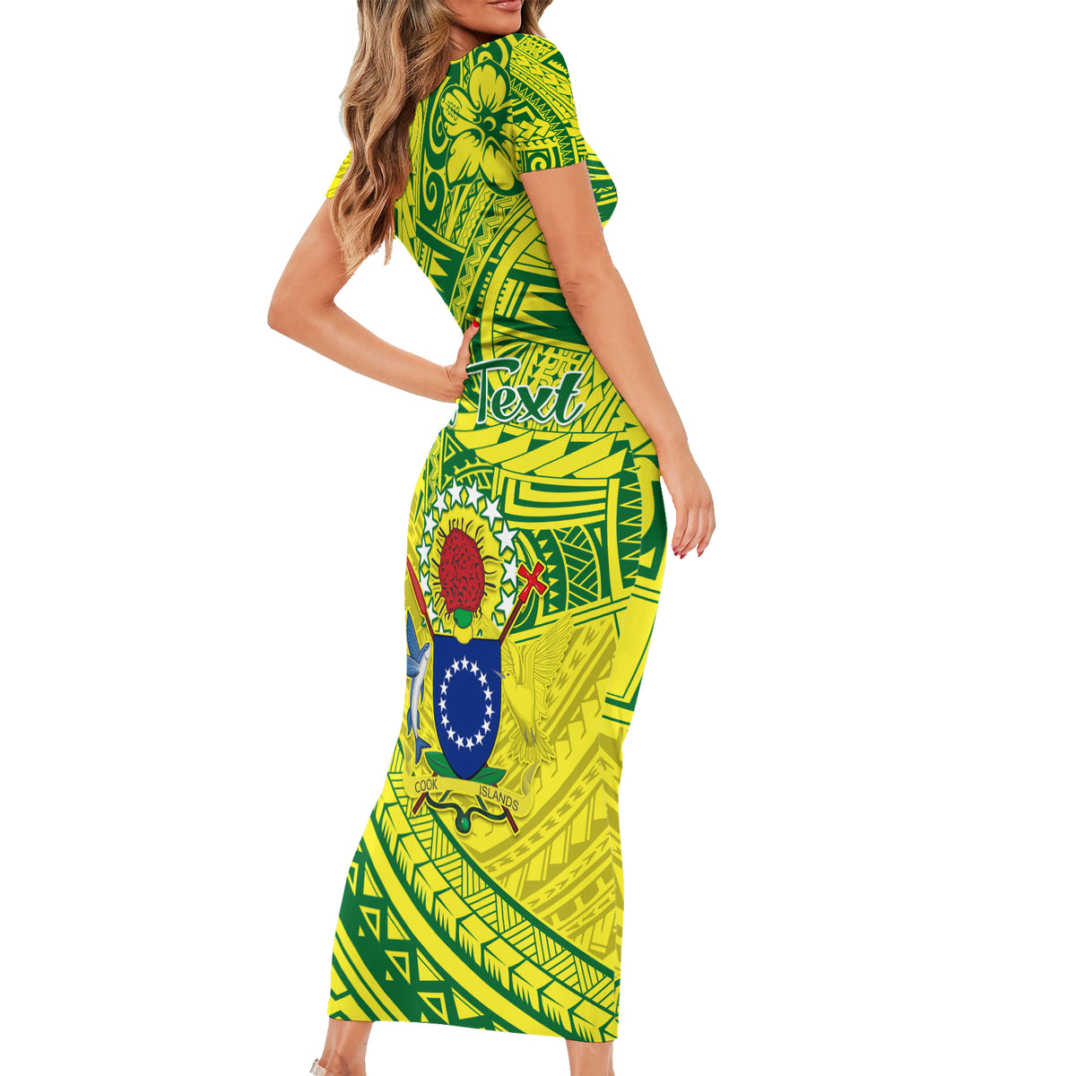 Kia Orana Cook Islands Short Sleeve Bodycon Dress Turtle Yellow Green Polynesian Pattern LT01 - Polynesian Pride