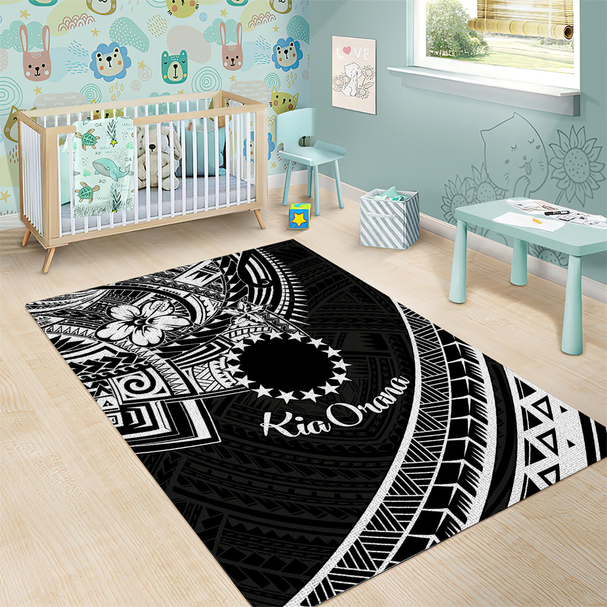 Kia Orana Cook Islands Area Rug Circle Stars With Floral White Pattern LT01 - Polynesian Pride