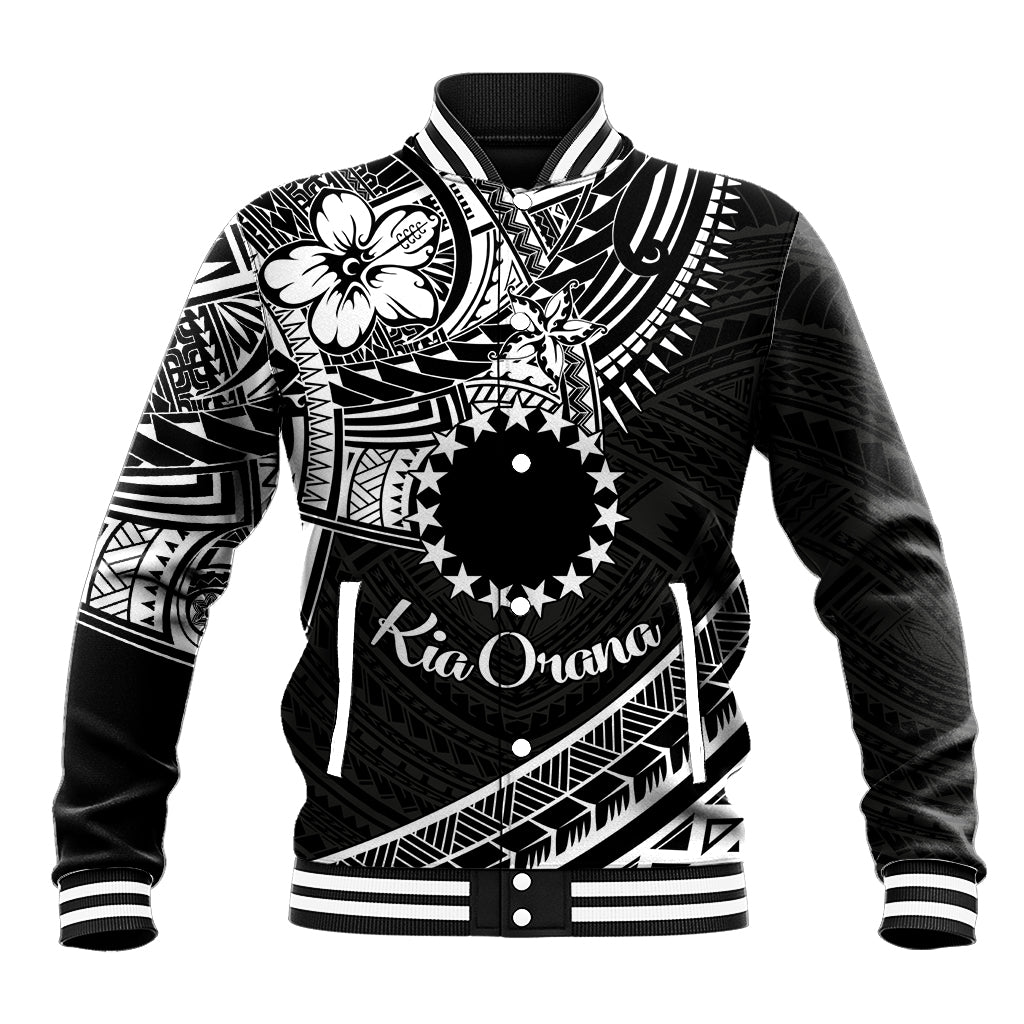 Kia Orana Cook Islands Baseball Jacket Circle Stars With Floral White Pattern LT01 Unisex Black - Polynesian Pride
