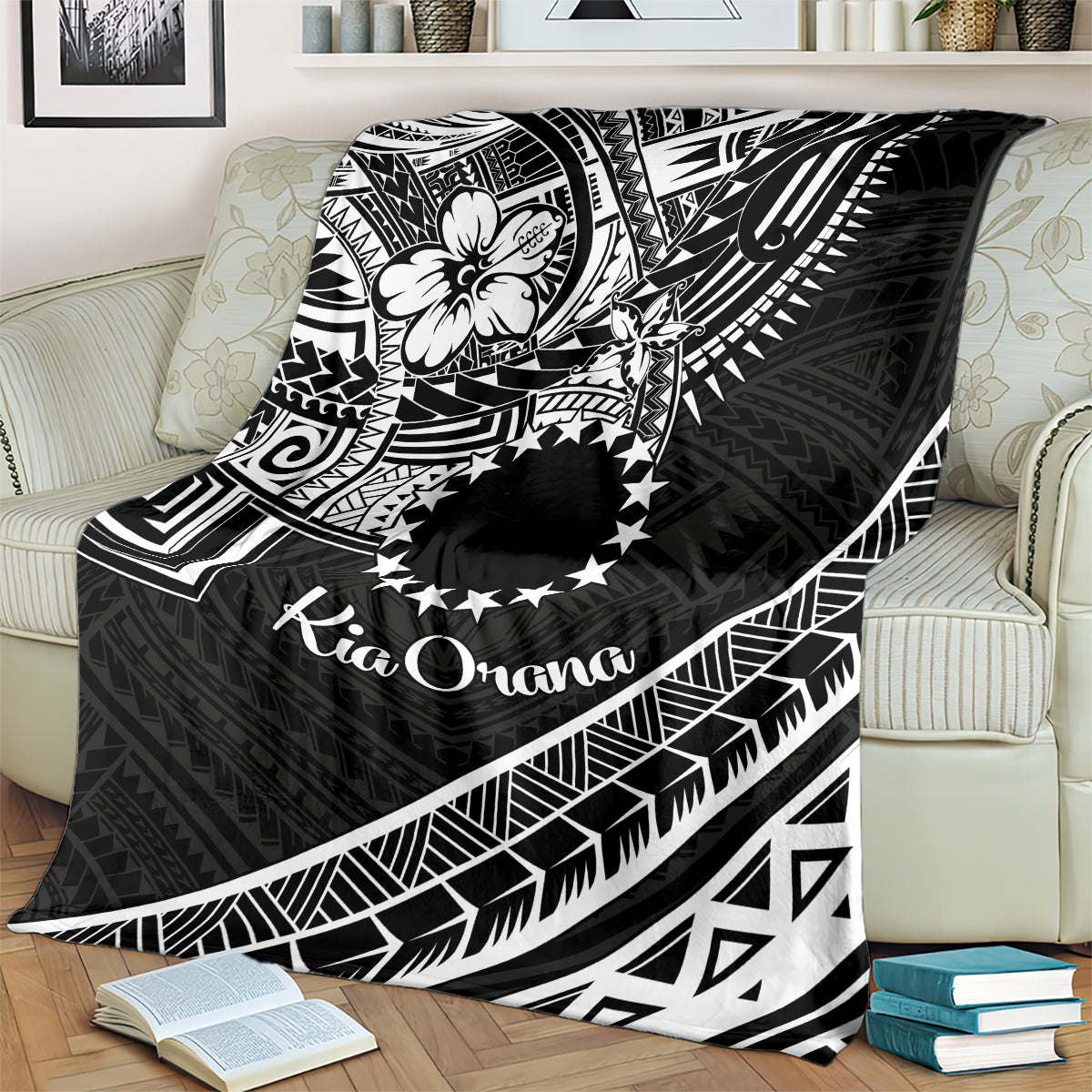 Kia Orana Cook Islands Blanket Circle Stars With Floral White Pattern LT01 - Polynesian Pride