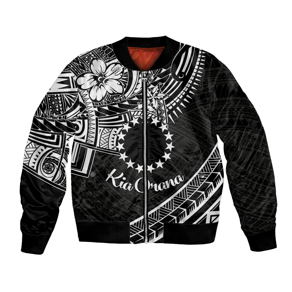 Kia Orana Cook Islands Bomber Jacket Circle Stars With Floral White Pattern LT01 Unisex Black - Polynesian Pride