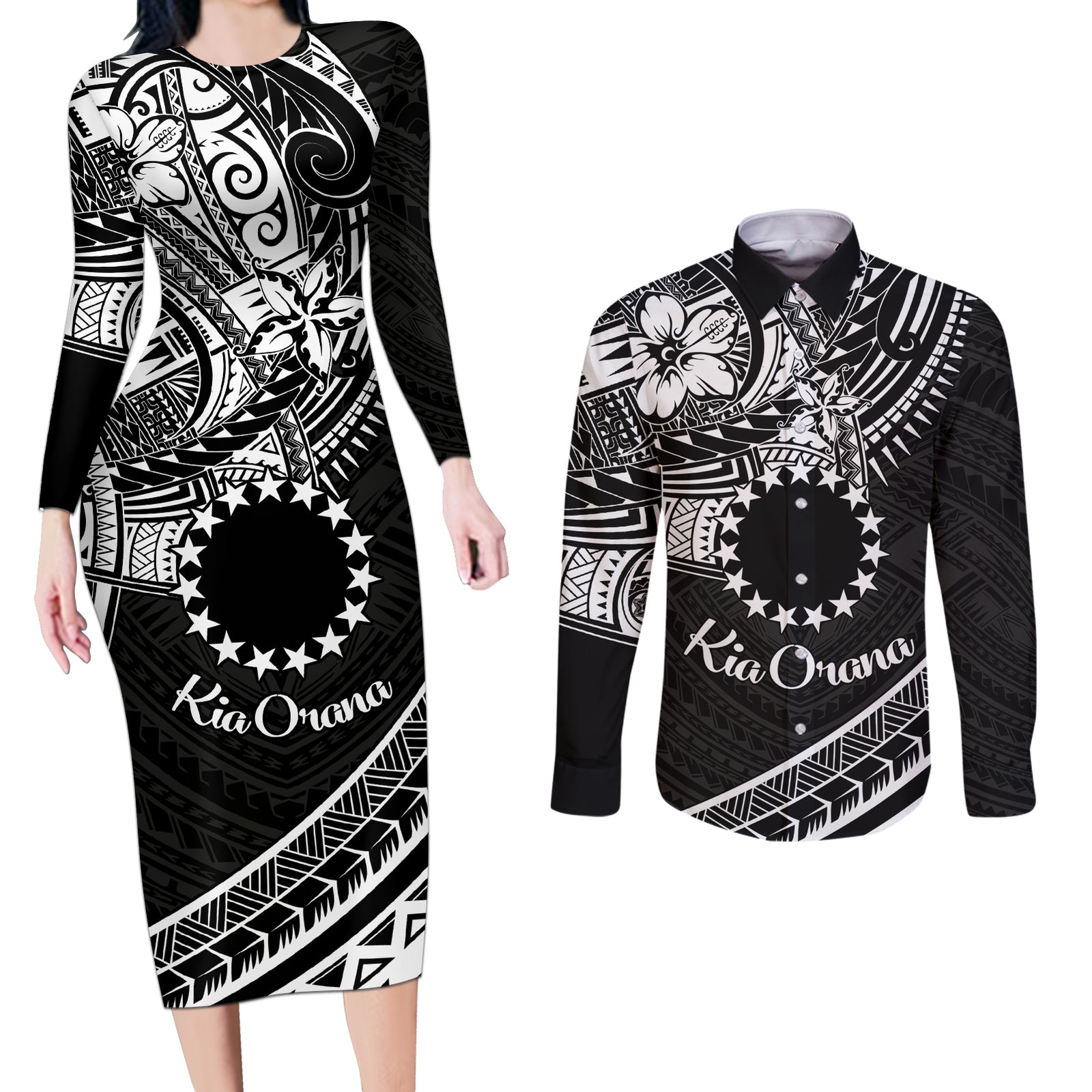 Kia Orana Cook Islands Couples Matching Long Sleeve Bodycon Dress and Long Sleeve Button Shirt Circle Stars With Floral White Pattern LT01 Black - Polynesian Pride