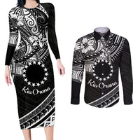Kia Orana Cook Islands Couples Matching Long Sleeve Bodycon Dress and Long Sleeve Button Shirt Circle Stars With Floral White Pattern LT01 Black - Polynesian Pride