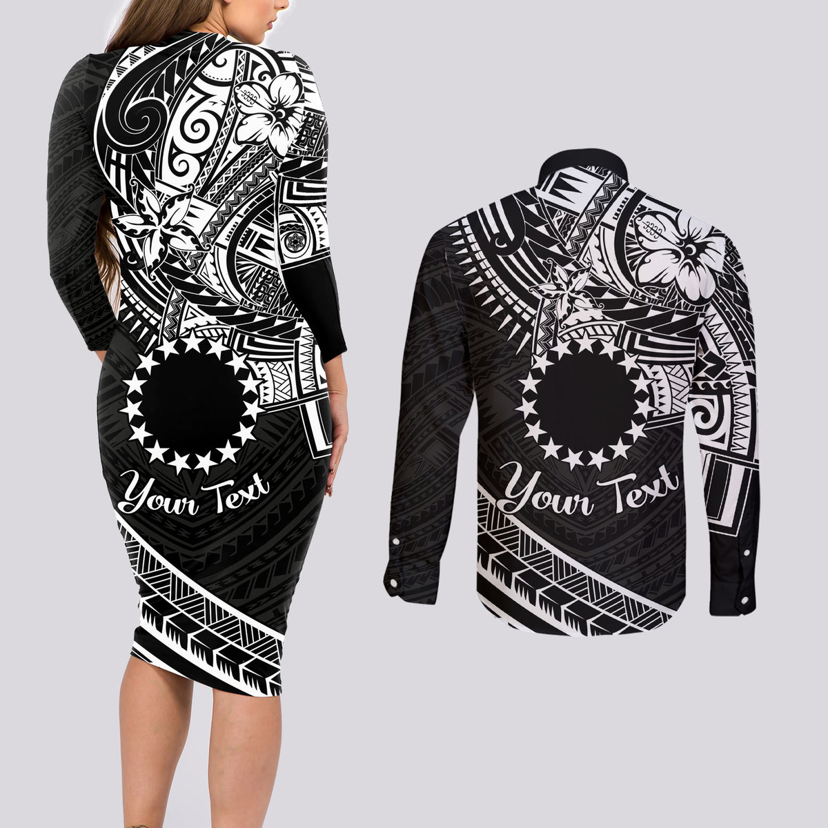 Kia Orana Cook Islands Couples Matching Long Sleeve Bodycon Dress and Long Sleeve Button Shirt Circle Stars With Floral White Pattern LT01 - Polynesian Pride