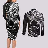 Kia Orana Cook Islands Couples Matching Long Sleeve Bodycon Dress and Long Sleeve Button Shirt Circle Stars With Floral White Pattern LT01 - Polynesian Pride