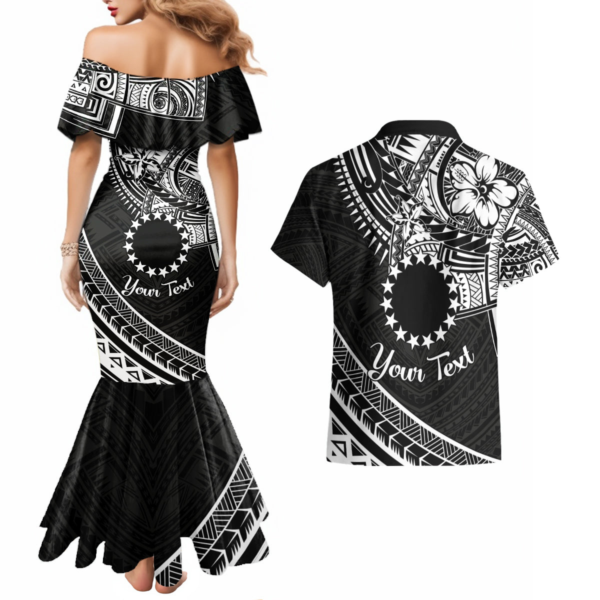 Kia Orana Cook Islands Couples Matching Mermaid Dress and Hawaiian Shirt Circle Stars With Floral White Pattern LT01 - Polynesian Pride