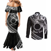 Kia Orana Cook Islands Couples Matching Mermaid Dress and Long Sleeve Button Shirt Circle Stars With Floral White Pattern LT01 - Polynesian Pride