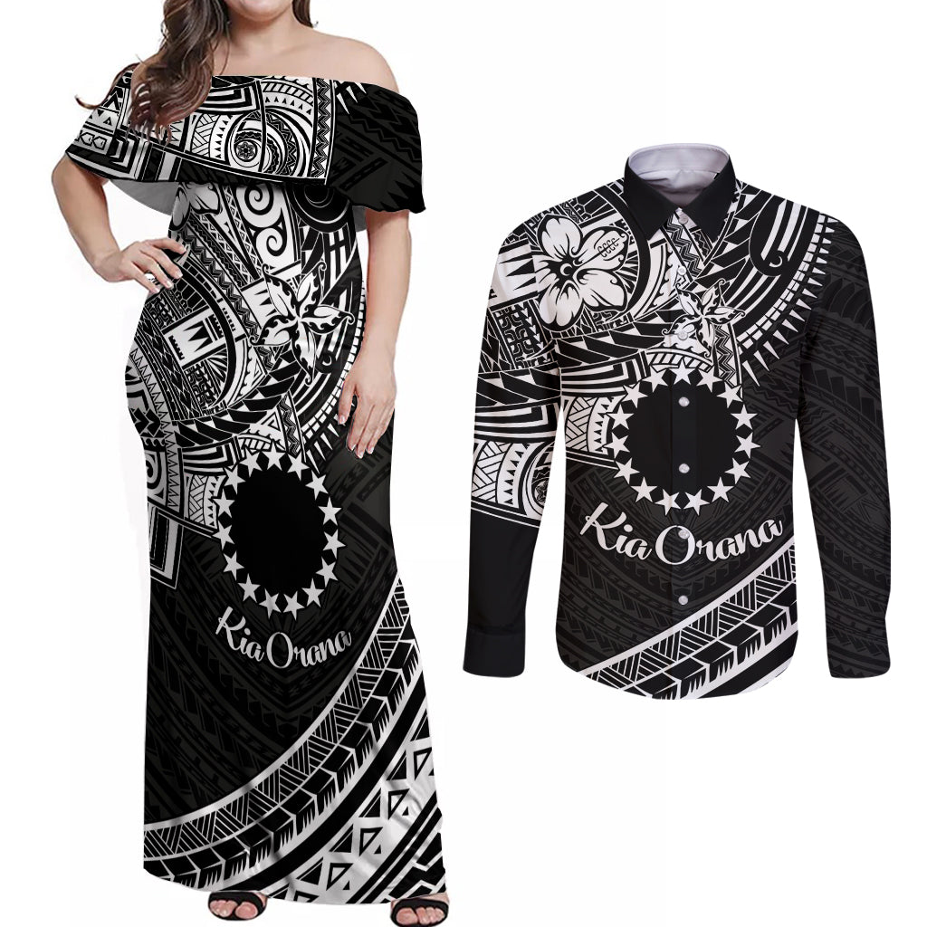 Kia Orana Cook Islands Couples Matching Off Shoulder Maxi Dress and Long Sleeve Button Shirt Circle Stars With Floral White Pattern LT01 Black - Polynesian Pride