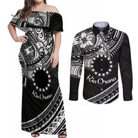 Kia Orana Cook Islands Couples Matching Off Shoulder Maxi Dress and Long Sleeve Button Shirt Circle Stars With Floral White Pattern LT01 Black - Polynesian Pride