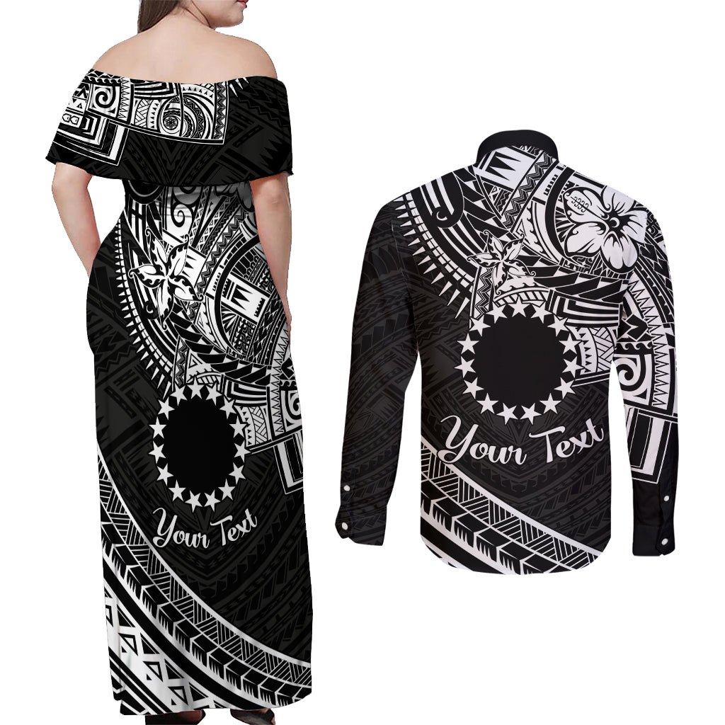 Kia Orana Cook Islands Couples Matching Off Shoulder Maxi Dress and Long Sleeve Button Shirt Circle Stars With Floral White Pattern LT01 - Polynesian Pride