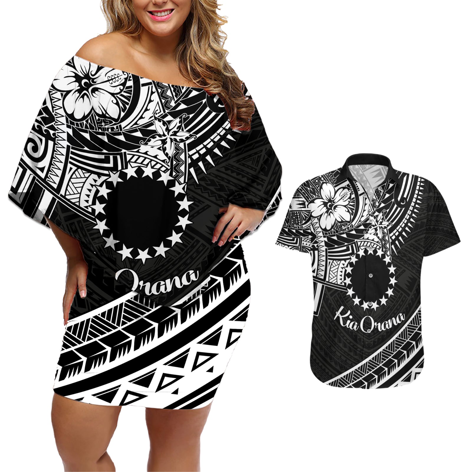 Kia Orana Cook Islands Couples Matching Off Shoulder Short Dress and Hawaiian Shirt Circle Stars With Floral White Pattern LT01 Black - Polynesian Pride