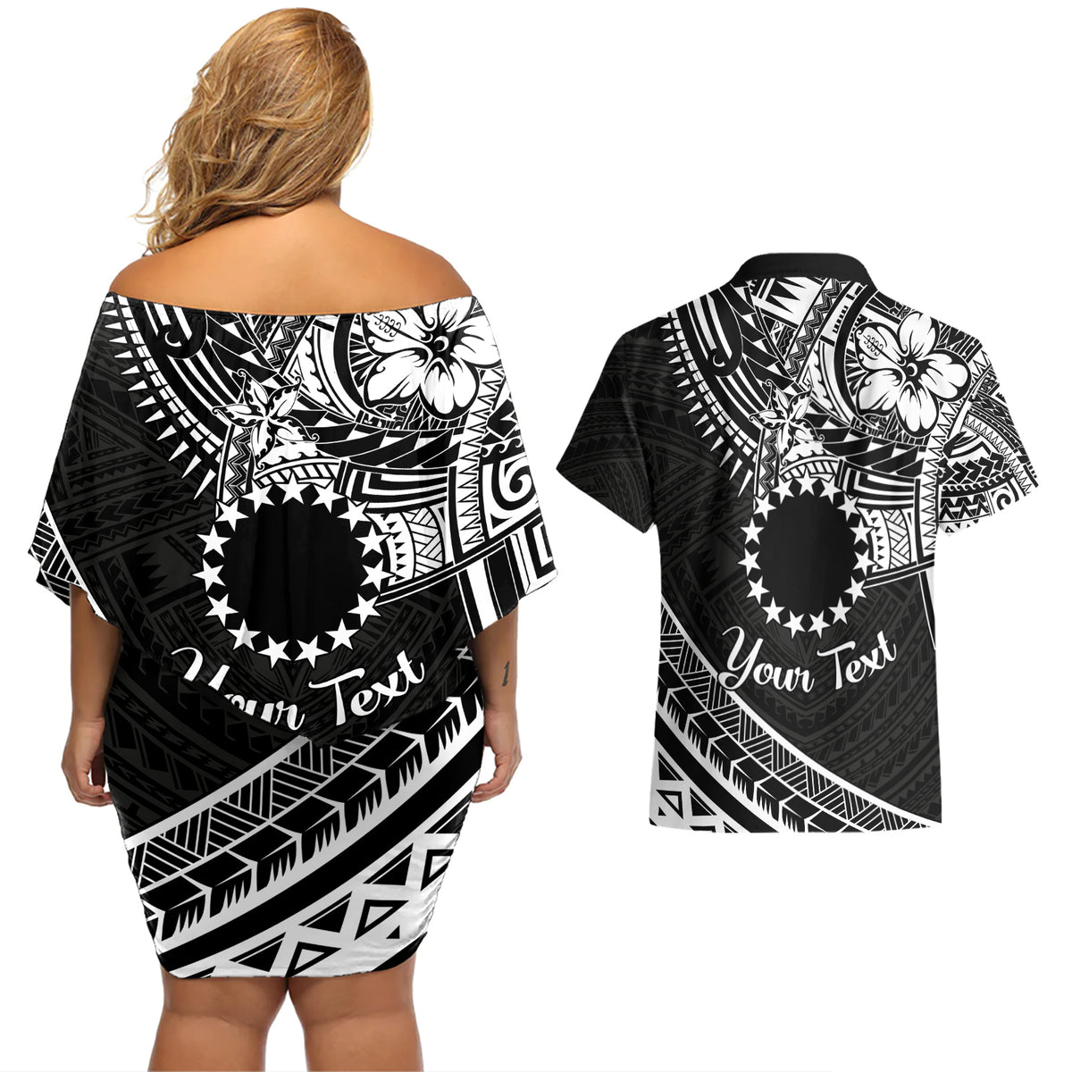 Kia Orana Cook Islands Couples Matching Off Shoulder Short Dress and Hawaiian Shirt Circle Stars With Floral White Pattern LT01 - Polynesian Pride