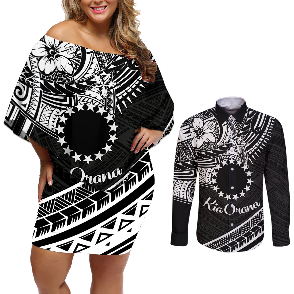Kia Orana Cook Islands Couples Matching Off Shoulder Short Dress and Long Sleeve Button Shirt Circle Stars With Floral White Pattern LT01 Black - Polynesian Pride