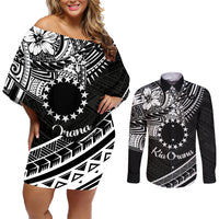 Kia Orana Cook Islands Couples Matching Off Shoulder Short Dress and Long Sleeve Button Shirt Circle Stars With Floral White Pattern LT01 Black - Polynesian Pride