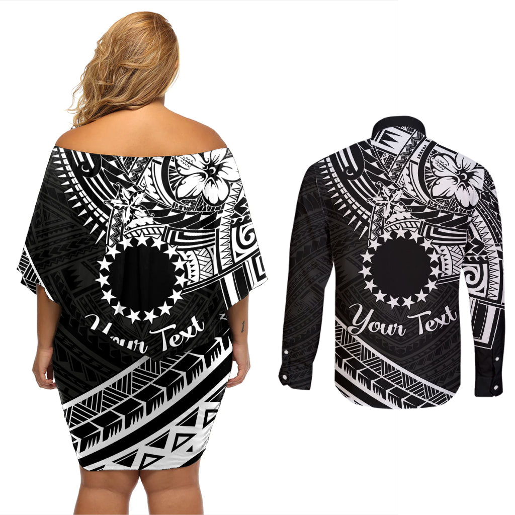 Kia Orana Cook Islands Couples Matching Off Shoulder Short Dress and Long Sleeve Button Shirt Circle Stars With Floral White Pattern LT01 - Polynesian Pride