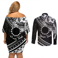 Kia Orana Cook Islands Couples Matching Off Shoulder Short Dress and Long Sleeve Button Shirt Circle Stars With Floral White Pattern LT01 - Polynesian Pride