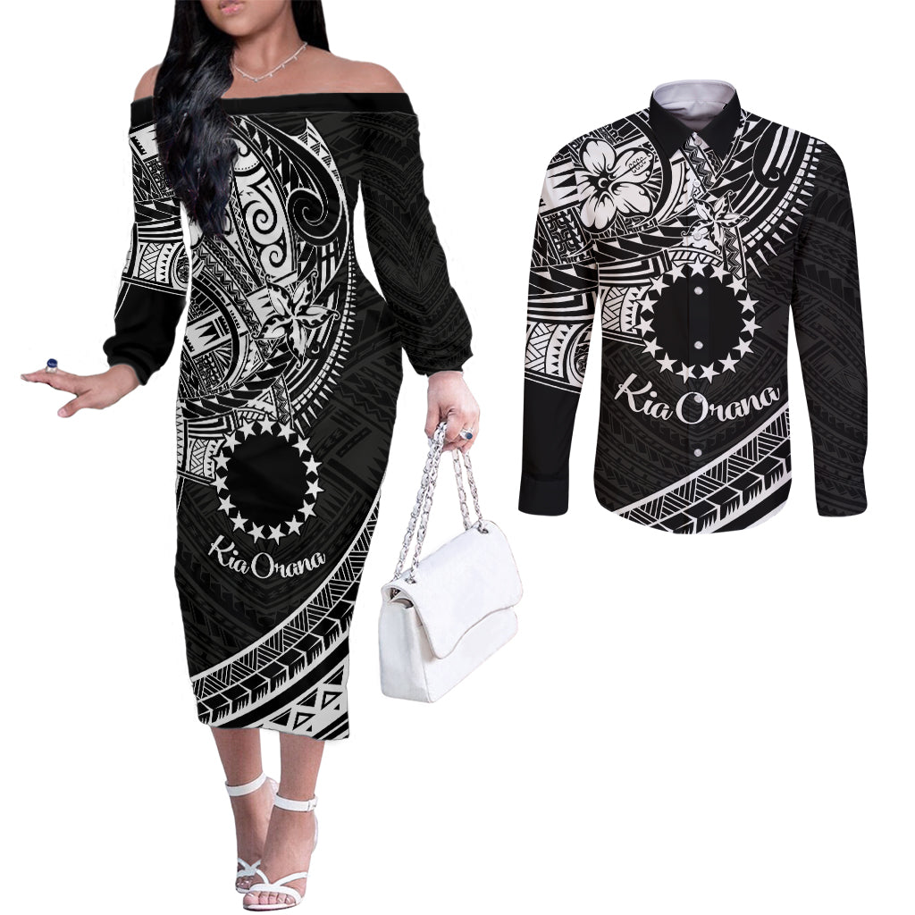 Kia Orana Cook Islands Couples Matching Off The Shoulder Long Sleeve Dress and Long Sleeve Button Shirt Circle Stars With Floral White Pattern LT01 Black - Polynesian Pride