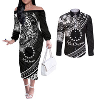 Kia Orana Cook Islands Couples Matching Off The Shoulder Long Sleeve Dress and Long Sleeve Button Shirt Circle Stars With Floral White Pattern LT01 Black - Polynesian Pride