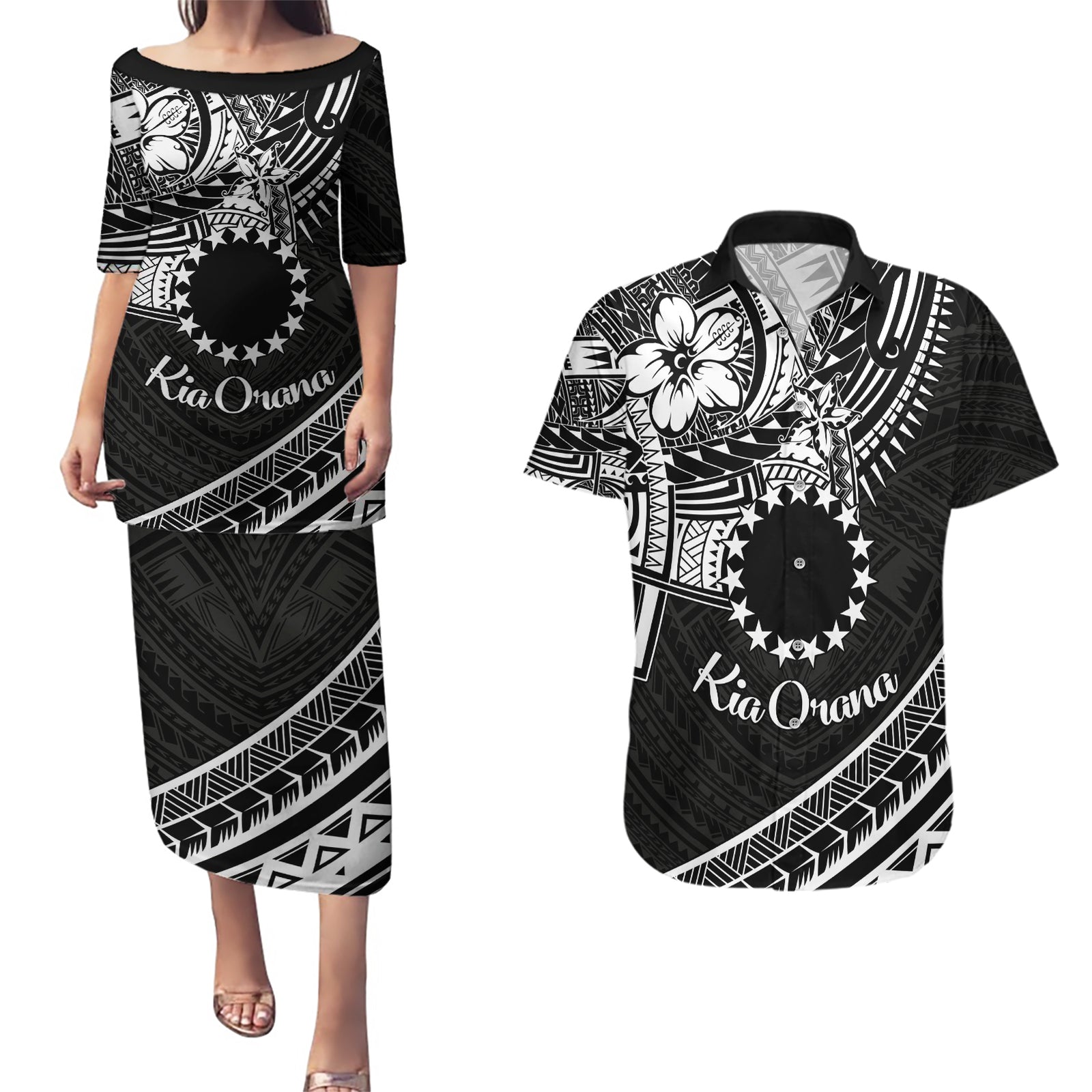 Kia Orana Cook Islands Couples Matching Puletasi Dress and Hawaiian Shirt Circle Stars With Floral White Pattern LT01 Black - Polynesian Pride