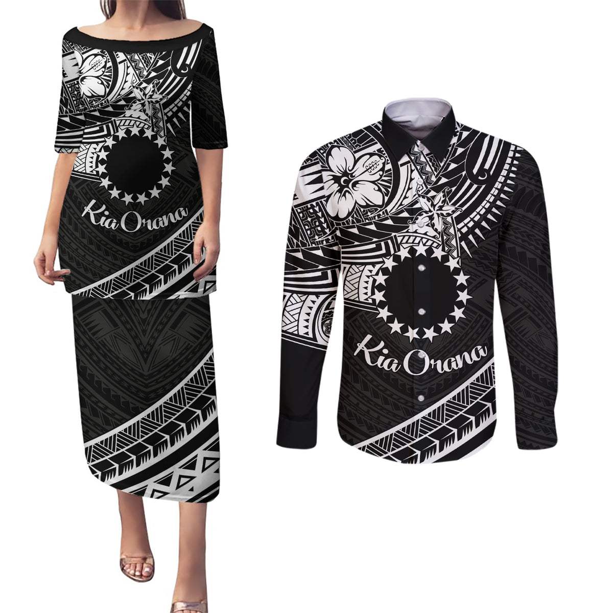 Kia Orana Cook Islands Couples Matching Puletasi Dress and Long Sleeve Button Shirt Circle Stars With Floral White Pattern LT01 Black - Polynesian Pride