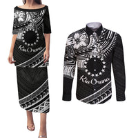 Kia Orana Cook Islands Couples Matching Puletasi Dress and Long Sleeve Button Shirt Circle Stars With Floral White Pattern LT01 Black - Polynesian Pride
