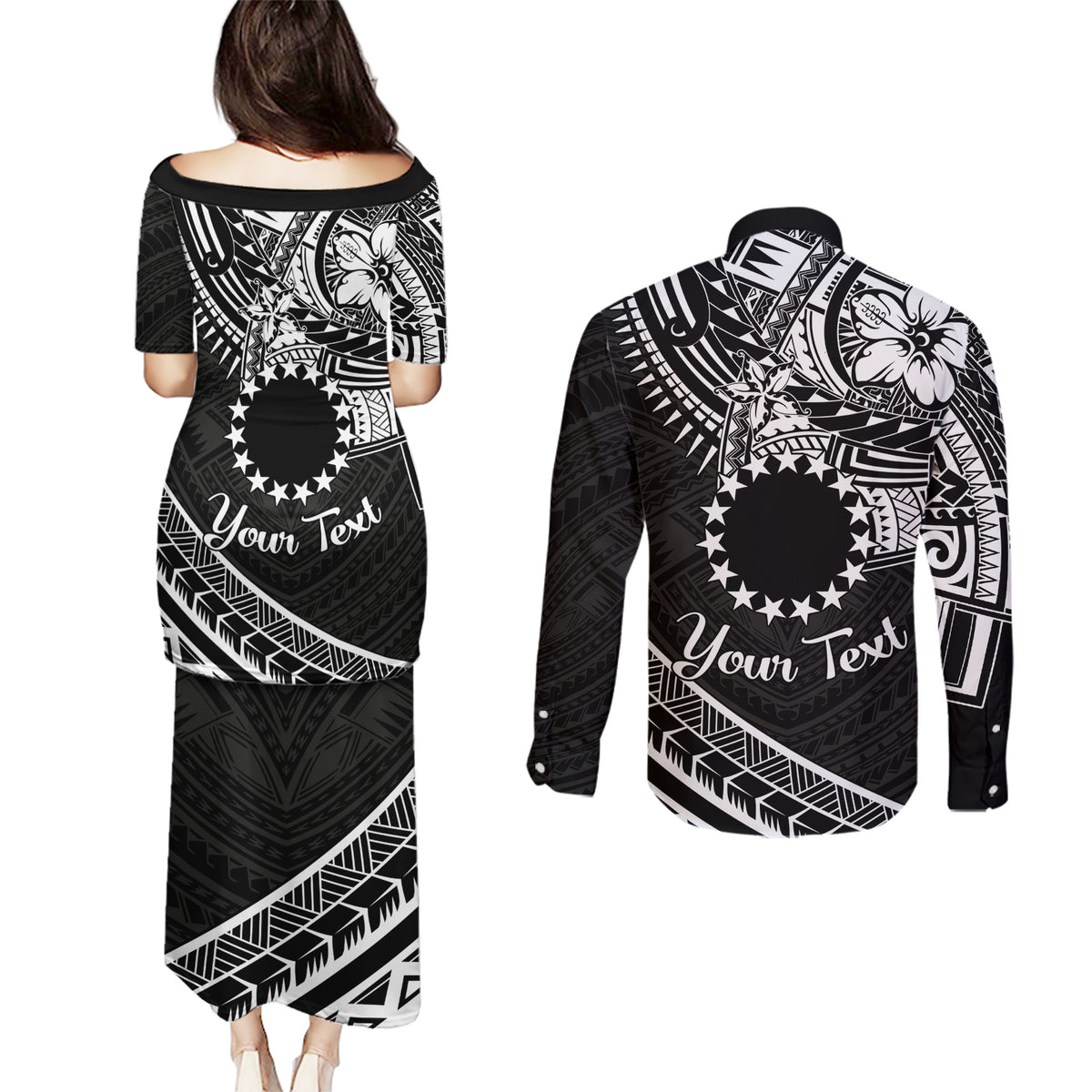 Kia Orana Cook Islands Couples Matching Puletasi Dress and Long Sleeve Button Shirt Circle Stars With Floral White Pattern LT01 - Polynesian Pride