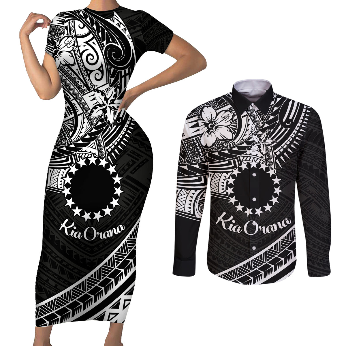 Kia Orana Cook Islands Couples Matching Short Sleeve Bodycon Dress and Long Sleeve Button Shirt Circle Stars With Floral White Pattern LT01 Black - Polynesian Pride