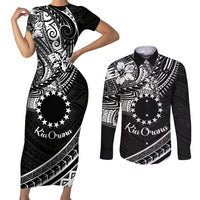 Kia Orana Cook Islands Couples Matching Short Sleeve Bodycon Dress and Long Sleeve Button Shirt Circle Stars With Floral White Pattern LT01 Black - Polynesian Pride