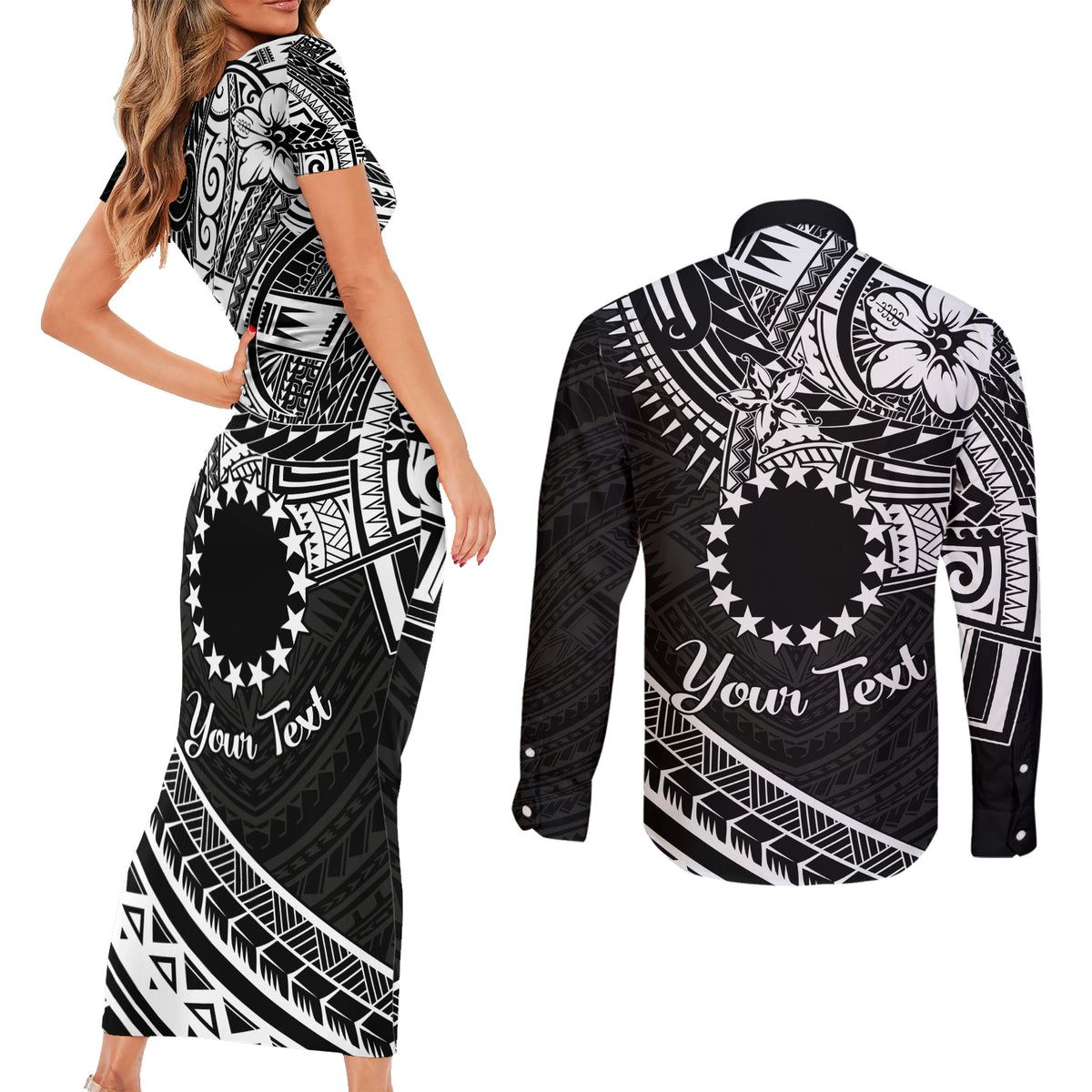 Kia Orana Cook Islands Couples Matching Short Sleeve Bodycon Dress and Long Sleeve Button Shirt Circle Stars With Floral White Pattern LT01 - Polynesian Pride