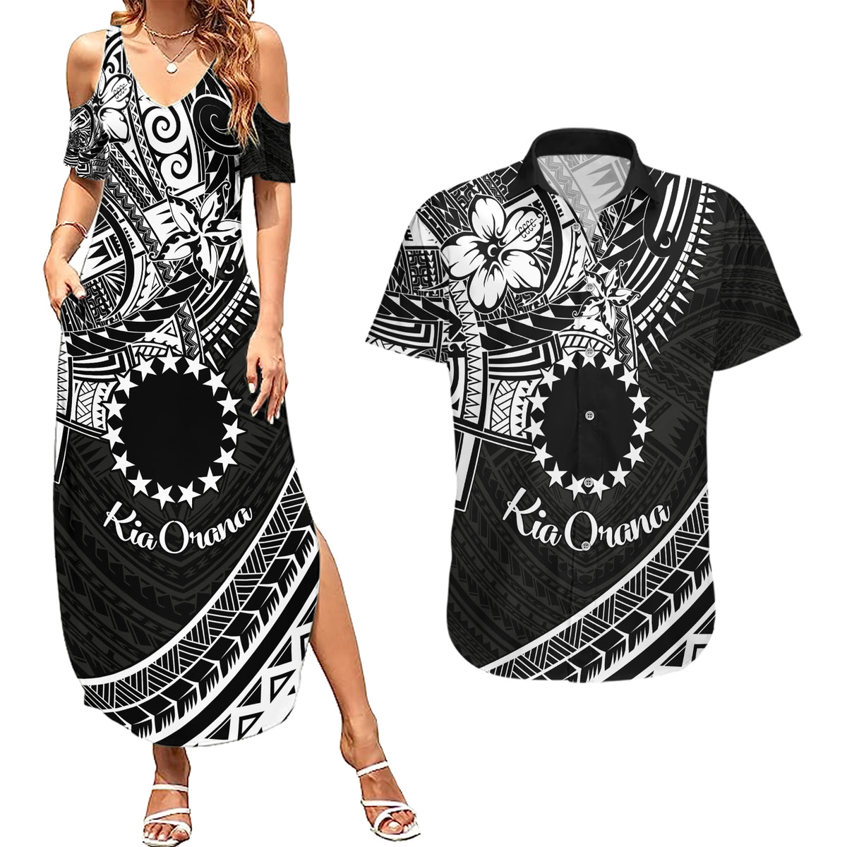 Kia Orana Cook Islands Couples Matching Summer Maxi Dress and Hawaiian Shirt Circle Stars With Floral White Pattern LT01 Black - Polynesian Pride