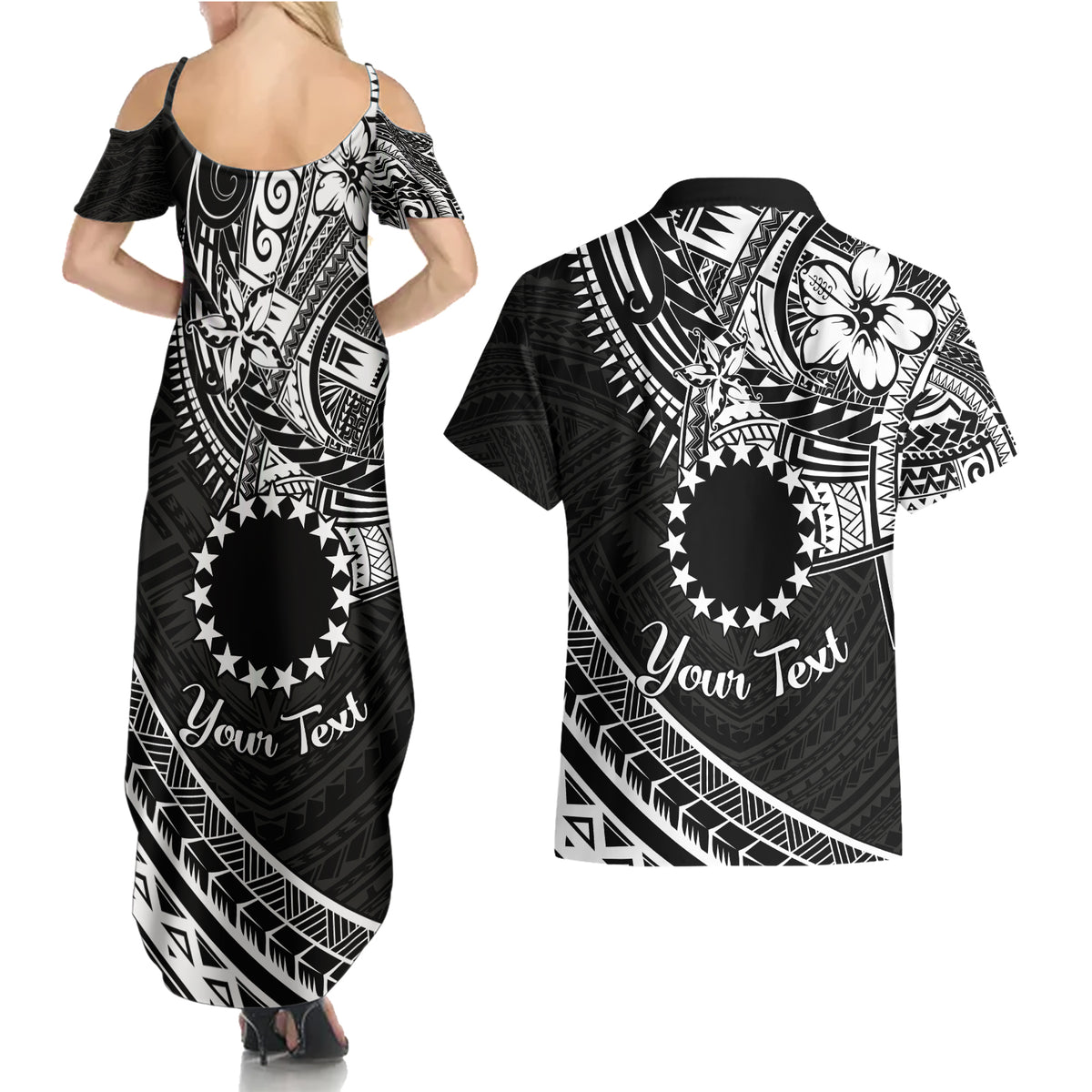 Kia Orana Cook Islands Couples Matching Summer Maxi Dress and Hawaiian Shirt Circle Stars With Floral White Pattern LT01 - Polynesian Pride