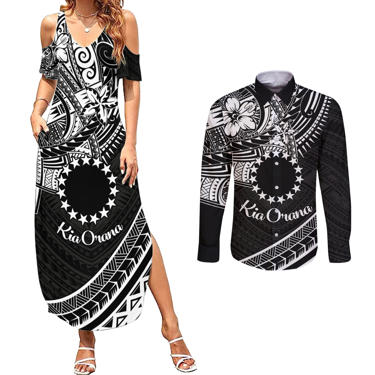 Kia Orana Cook Islands Couples Matching Summer Maxi Dress and Long Sleeve Button Shirt Circle Stars With Floral White Pattern LT01 Black - Polynesian Pride