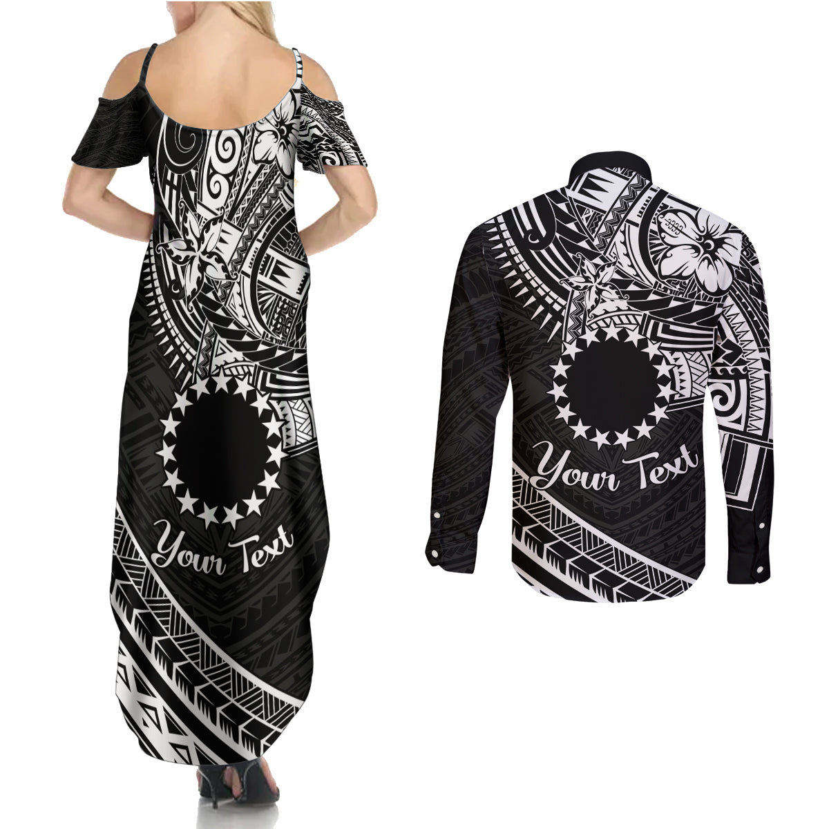 Kia Orana Cook Islands Couples Matching Summer Maxi Dress and Long Sleeve Button Shirt Circle Stars With Floral White Pattern LT01 - Polynesian Pride