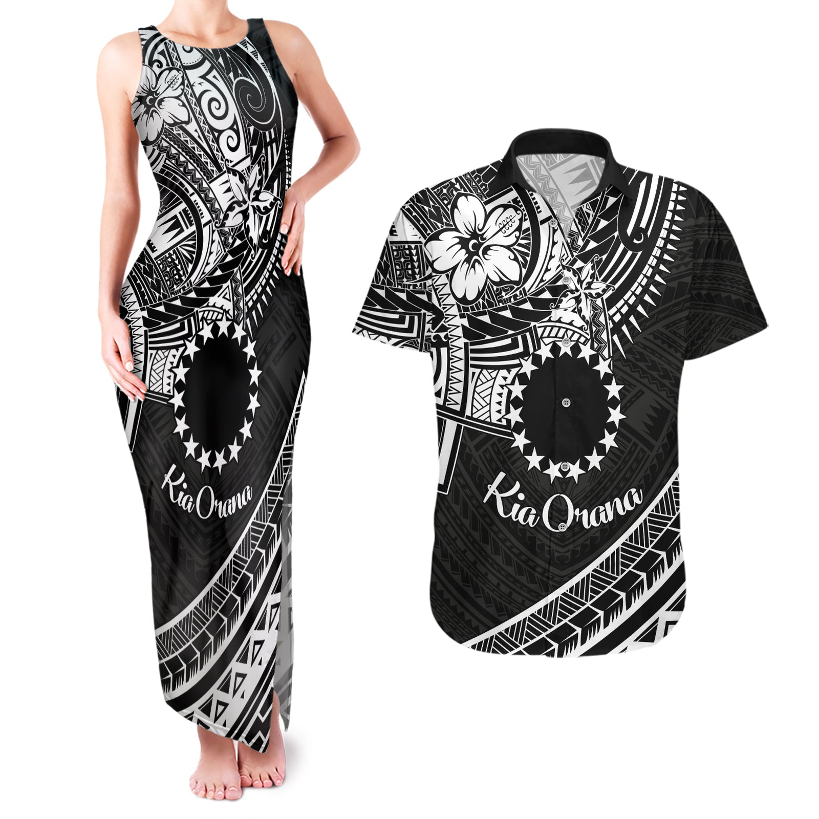 Kia Orana Cook Islands Couples Matching Tank Maxi Dress and Hawaiian Shirt Circle Stars With Floral White Pattern LT01 Black - Polynesian Pride