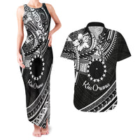 Kia Orana Cook Islands Couples Matching Tank Maxi Dress and Hawaiian Shirt Circle Stars With Floral White Pattern LT01 Black - Polynesian Pride