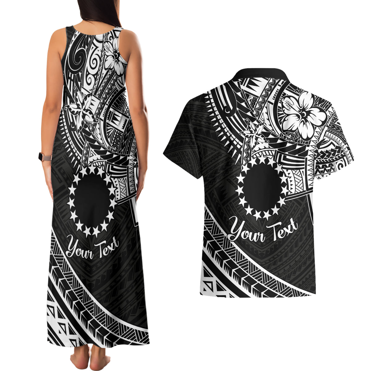 Kia Orana Cook Islands Couples Matching Tank Maxi Dress and Hawaiian Shirt Circle Stars With Floral White Pattern LT01 - Polynesian Pride
