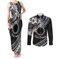 Kia Orana Cook Islands Couples Matching Tank Maxi Dress and Long Sleeve Button Shirt Circle Stars With Floral White Pattern LT01 Black - Polynesian Pride