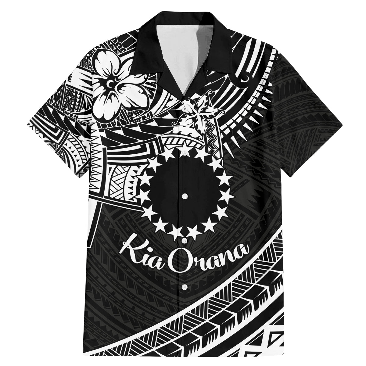 Kia Orana Cook Islands Family Matching Mermaid Dress and Hawaiian Shirt Circle Stars With Floral White Pattern LT01 Dad's Shirt - Short Sleeve Black - Polynesian Pride