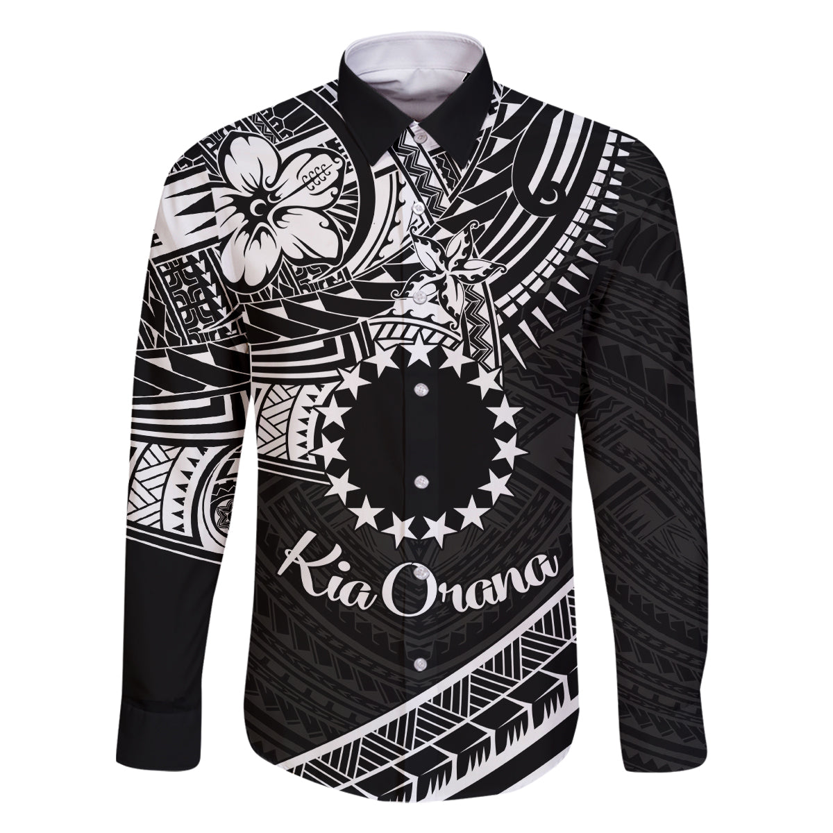 Kia Orana Cook Islands Family Matching Off Shoulder Short Dress and Hawaiian Shirt Circle Stars With Floral White Pattern LT01 Dad's Shirt - Long Sleeve Black - Polynesian Pride