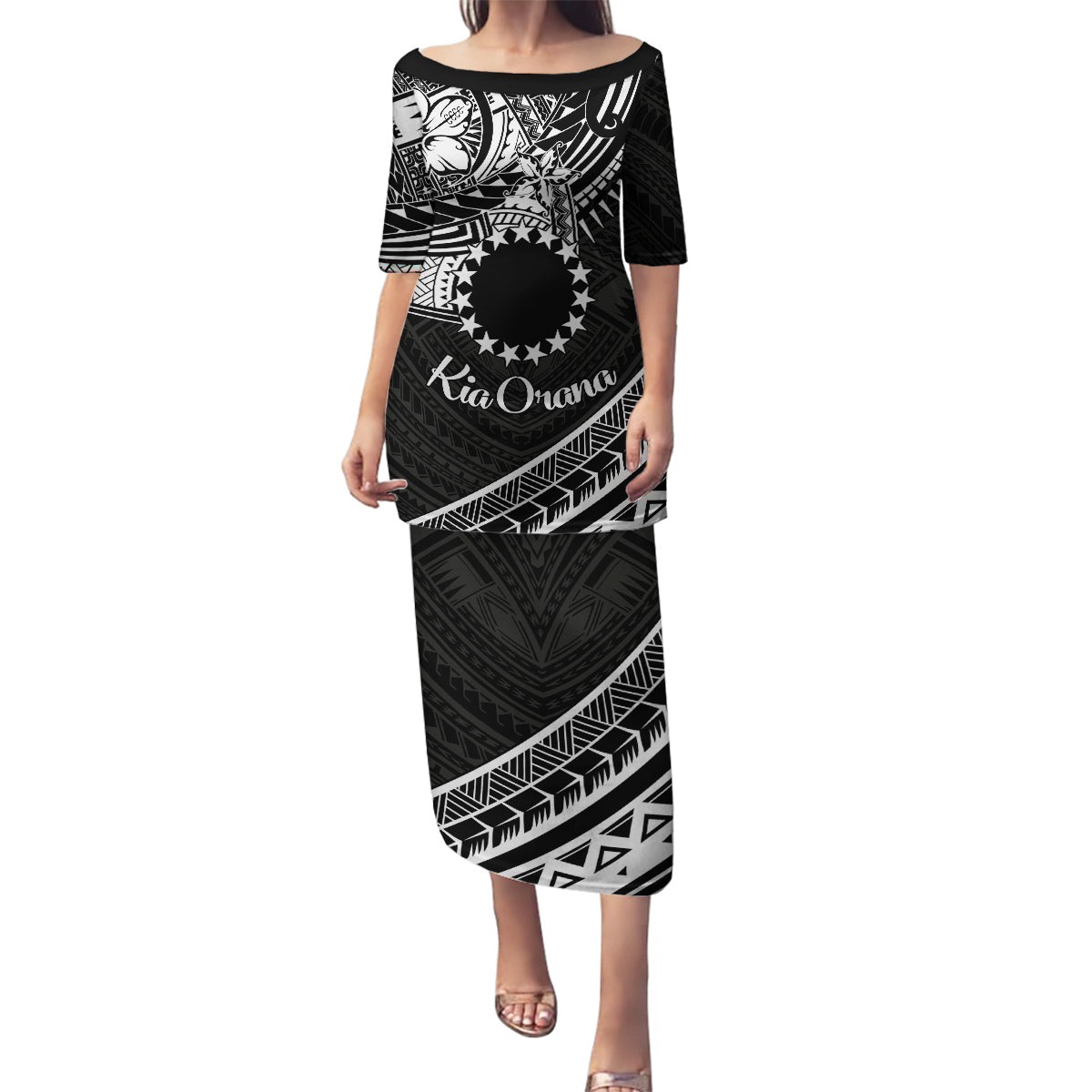 Kia Orana Cook Islands Family Matching Puletasi Dress and Hawaiian Shirt Circle Stars With Floral White Pattern LT01 Mom's Dress Black - Polynesian Pride