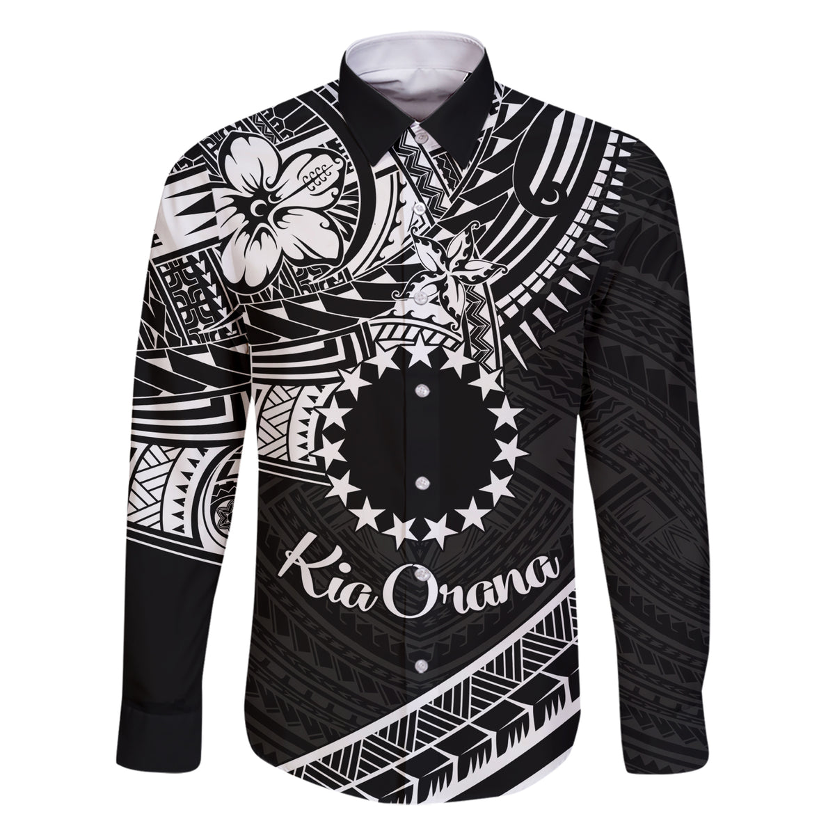 Kia Orana Cook Islands Family Matching Short Sleeve Bodycon Dress and Hawaiian Shirt Circle Stars With Floral White Pattern LT01 Dad's Shirt - Long Sleeve Black - Polynesian Pride