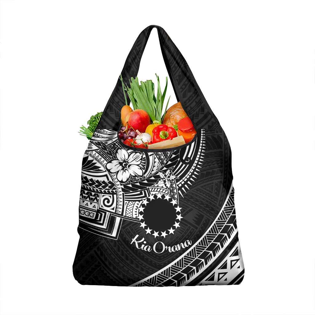 Kia Orana Cook Islands Grocery Bag Circle Stars With Floral White Pattern