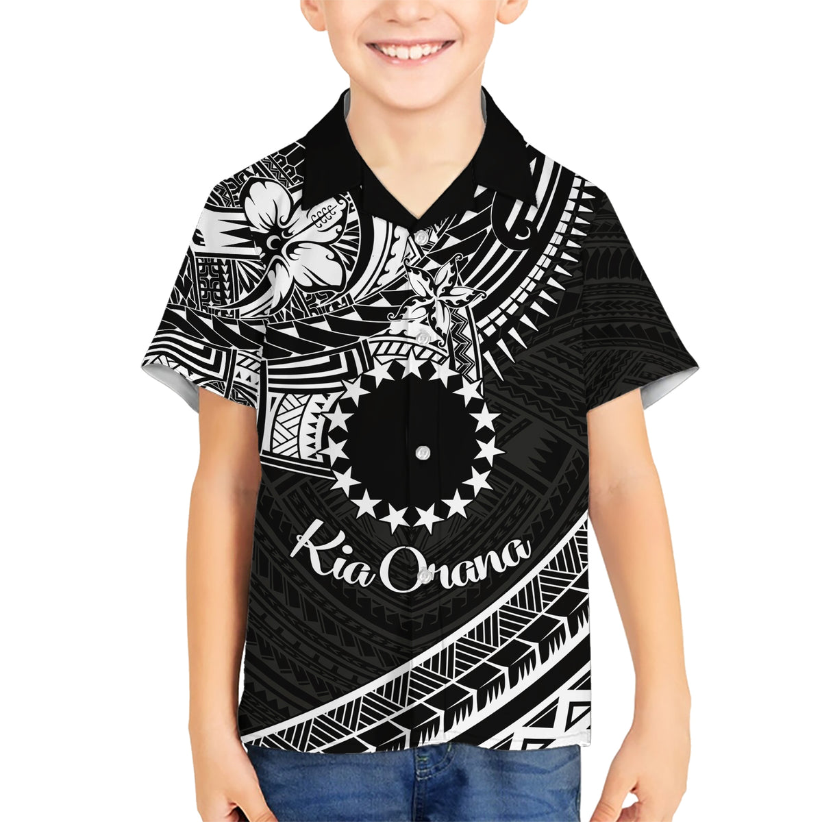 Kia Orana Cook Islands Kid Hawaiian Shirt Circle Stars With Floral White Pattern LT01 Kid Black - Polynesian Pride